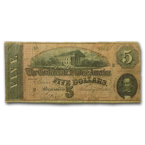 1864 $5.00 (T-69) State Capitol @ Richmond VG-VF
