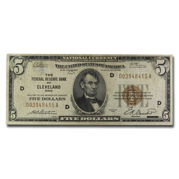 1929 (D-Cleveland) $5.00 Brown Seal FRBN Cleveland  Fine (Fr#1850-D)