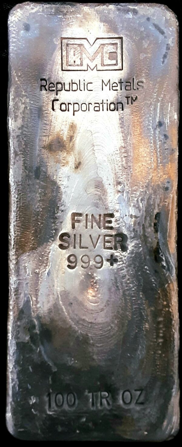 Vintage Poured 100 oz Silver Bar .999 Republic Metals Corporation RMC