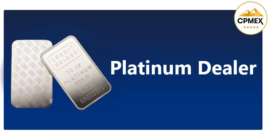 platinum dealer text on blue background with two bars or platinum next to it.